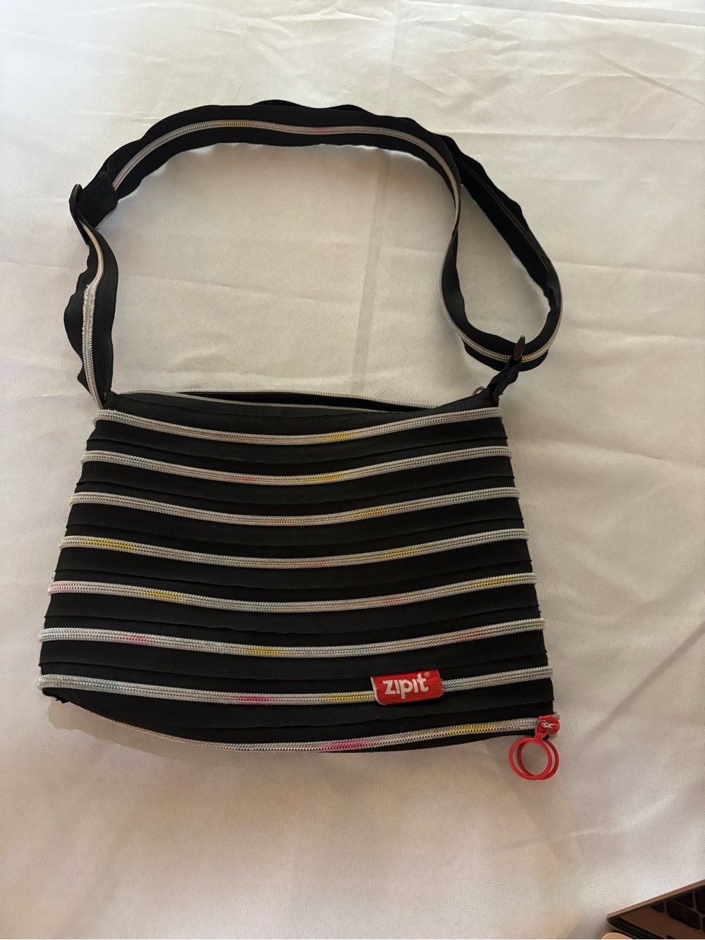 ZIPIT Black Rainbow Zipper Crossbody Shoulder Bag One Continuous Zipper